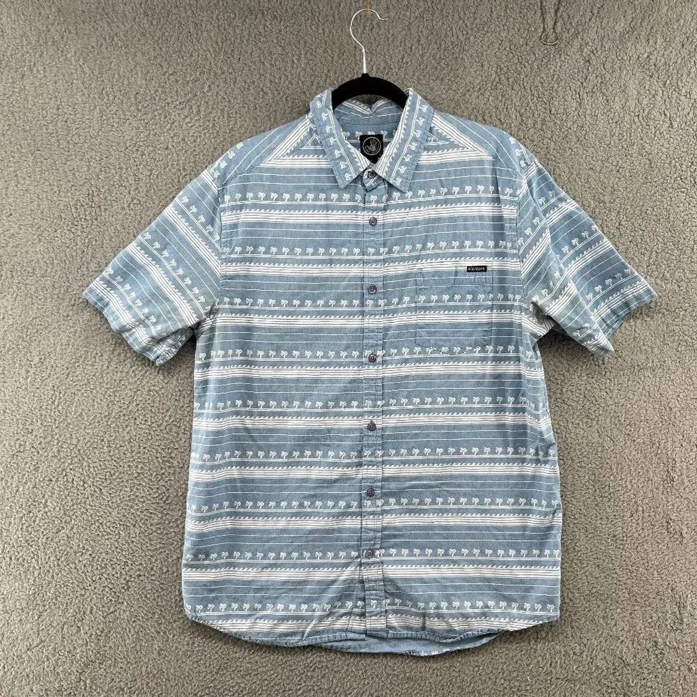 Body Glove Mens Short Sleeve Button Up Palm Tree Print Striped Beachy Large